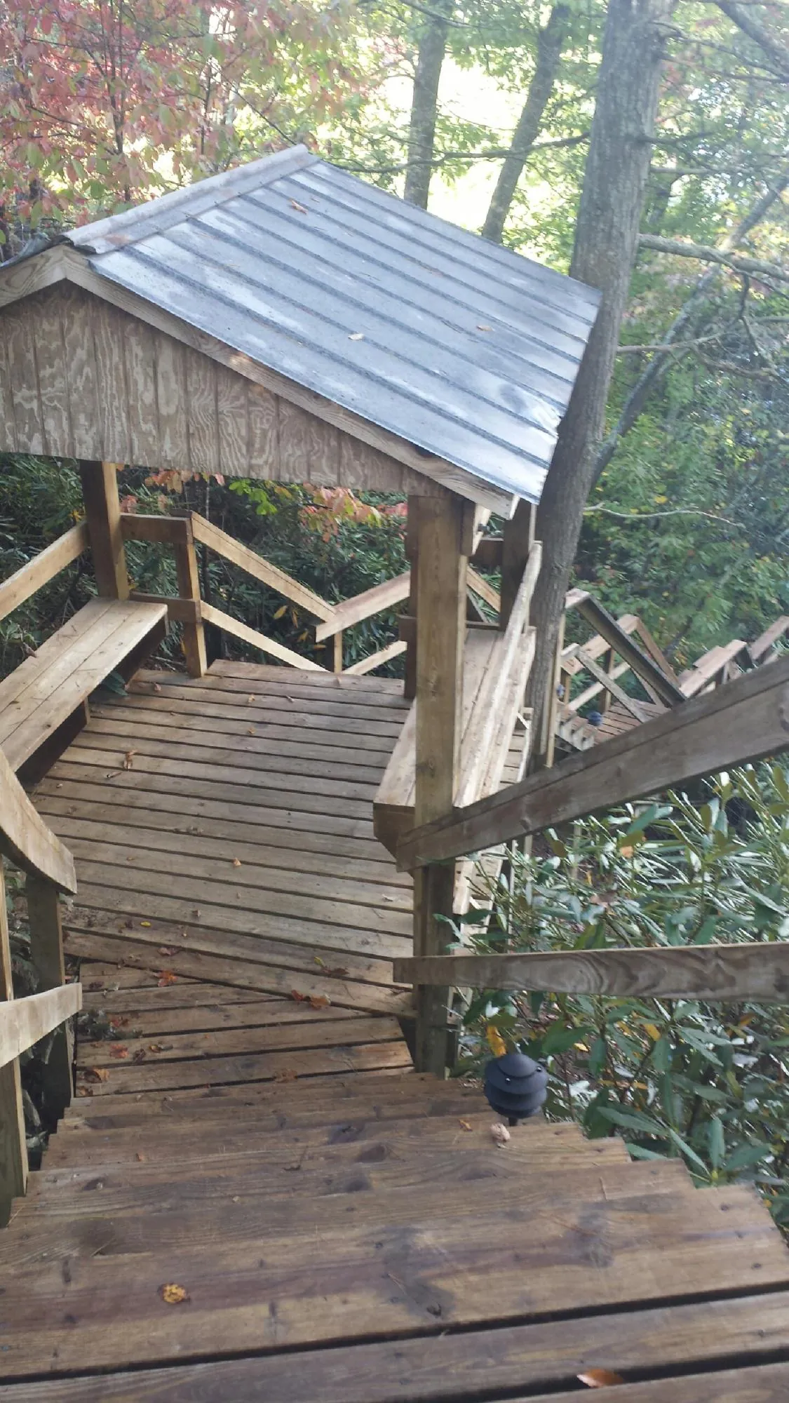 Metal roofed shelter over wooden steps on a wooded walkway — Skylight Repair & Installation work by our crew in Nolensville